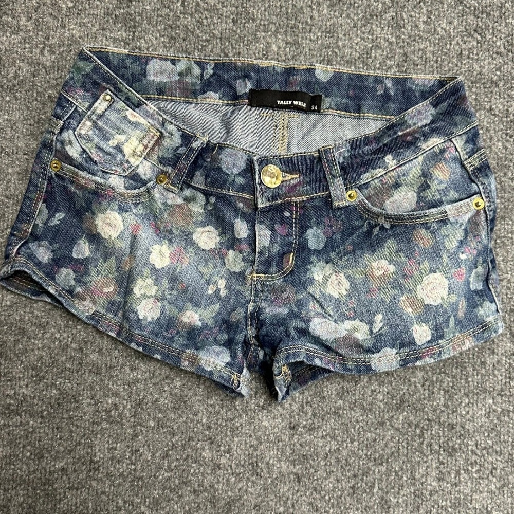 Tally Weijl Shorts Womens Size 34 Blue Floral Denim Low Rise Casual Summer Mini
